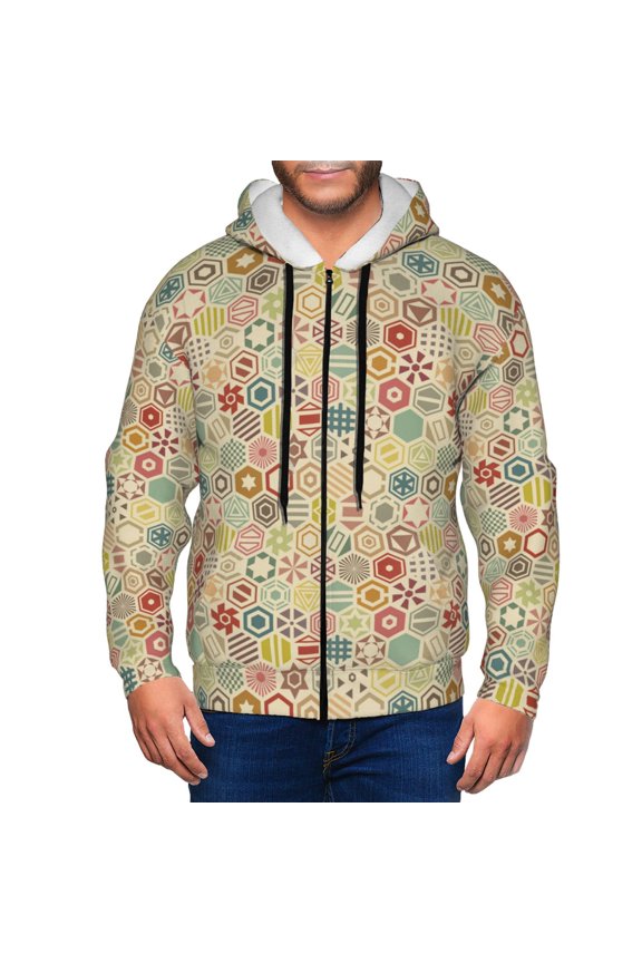 Retro Geometry Print Men Hoodies Casual Hoodies for Men with Zip Pockets Full Zip Long Sleeve Sweatshirt Sports Hooded Jacket-XX-Large