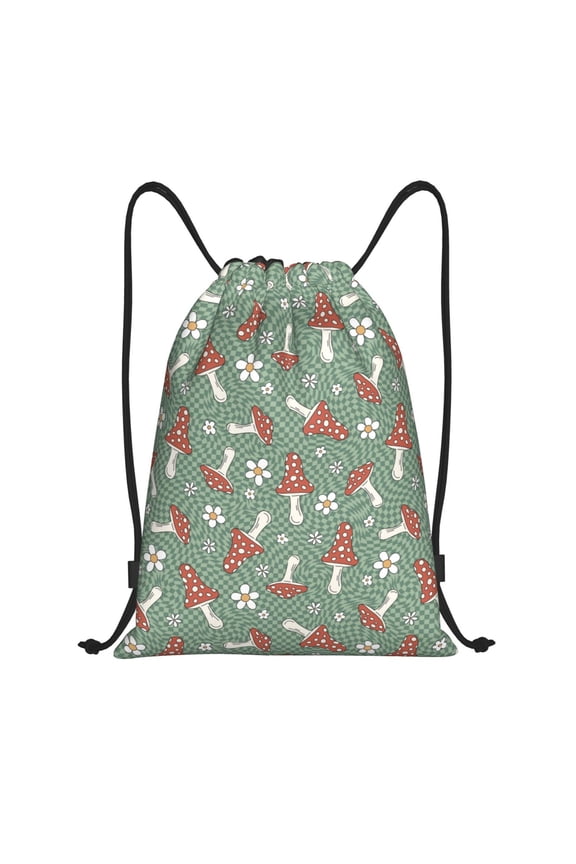 Retro Hippie Groovy Mushroom Print Drawstring Backpack Bag,Waterproof Draw String Back Sack, Gym Drawstring Bags Swim Bag For Unisex