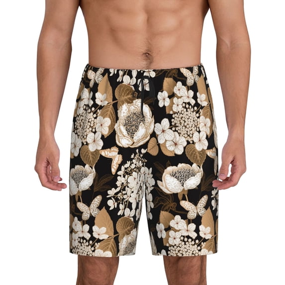 Kdxio Retro Hydrangeas Print Mens Sleep Shorts Bottoms Soft Comfy Pajama Wear Pants with Drawstring Pockets