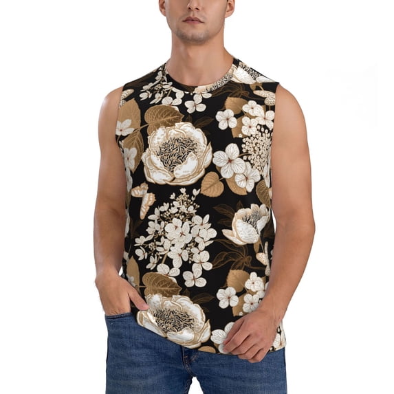 Kdxio Retro Hydrangeas for Men's Muscle T-shirt,Sleeveless for Workout Running Athletic Gym Lounge Casual