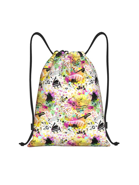 Retro Musical Print Drawstring Backpack Bag,Waterproof Draw String Back Sack, Gym Drawstring Bags Swim Bag For Unisex