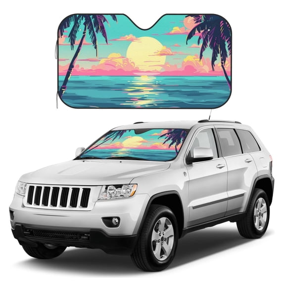 Kdxio Retro Palm Beach Sunset Print Windshield Sun Shade, Foldable Sun Blocker for Car,Truck,SUV Automotive Interior Sun Protection,Reflective Shade for Front Windshield(Small)