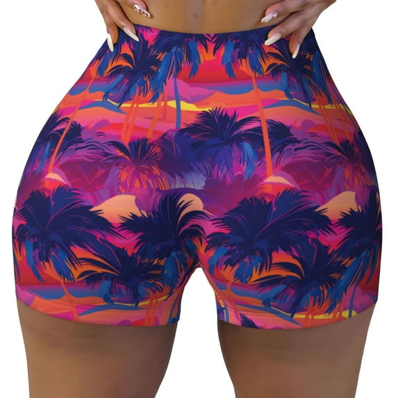 Kdxio Retro Palms Print Workout Shorts for Women Seamless Soft Smooth Gym Yoga Scrunch Active Shorts