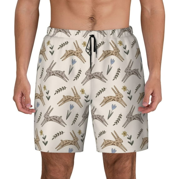 Kdxio Retro Rabbit Print Men's Swim Trunks with Compression Liner 7 Inch Inseam Quick Dry Swim Shorts