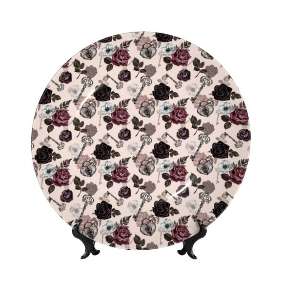 Kdxio Retro Red Black Roses Bone China Decorative Plate Ceramic Decorative Plate for Home Office Wall Stand Decorative Plates for Home Bedroom-7in