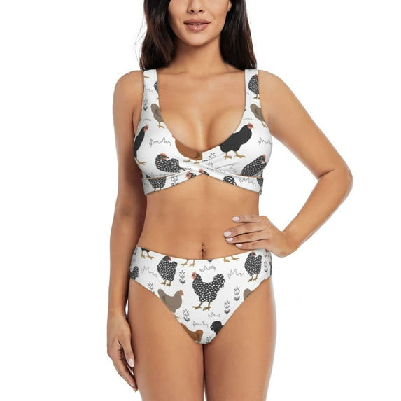 Kdxio Retro Rooster Print Women's 2 Piece High Waisted Wrap Spaghetti Strap Summer Swimsuit Bikini Set-Medium