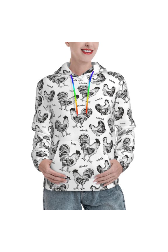 Retro Rooster Print Womens Oversized Hoodies Sweatshirts Hooded Pullover Tops Sweaters Casual-Medium