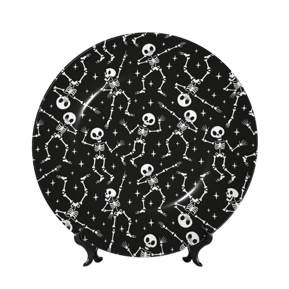 Kdxio Retro Skeleton Dancing On Halloween Party Bone China Decorative Plate Ceramic Decorative Plate for Home Office Wall Stand Decorative Plates for Home Bedroom-10in