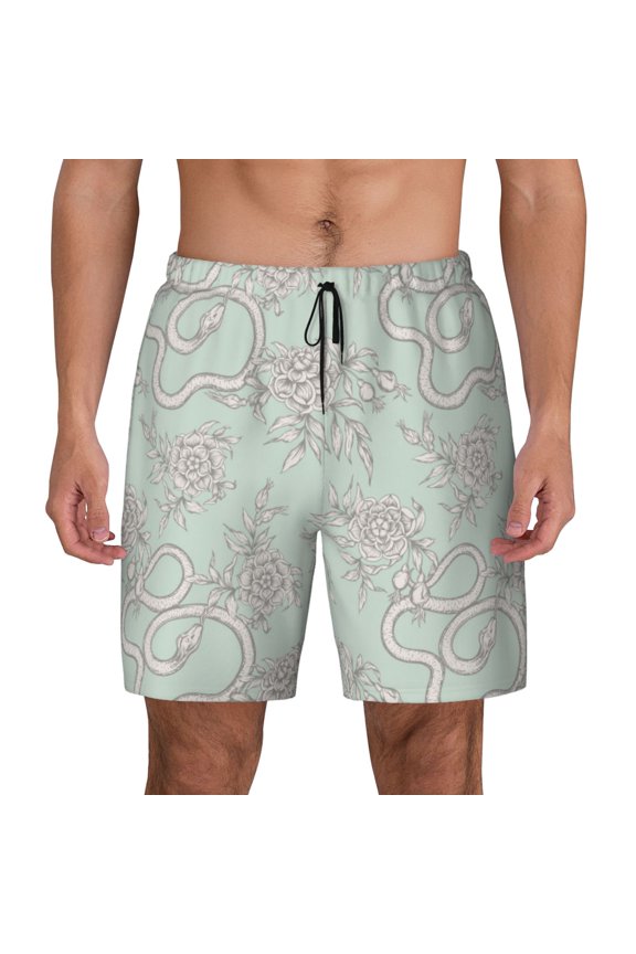 Retro Snake Print Men's Swim Trunks with Compression Liner 7 Inch Inseam Quick Dry Swim Shorts