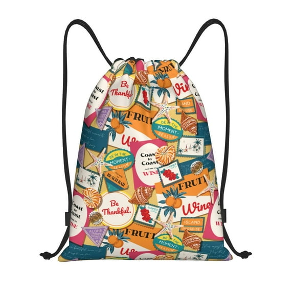 Kdxio Retro Summer Stamp Print Drawstring Backpack Bag,Waterproof Draw String Back Sack, Gym Drawstring Bags Swim Bag For Unisex