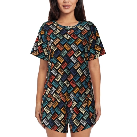 Kdxio Retro Tape Print Pajamas Sets for Women Short-Sleeved Pjs with Lounge Shorts Two Piece Sleepwear S-4XL