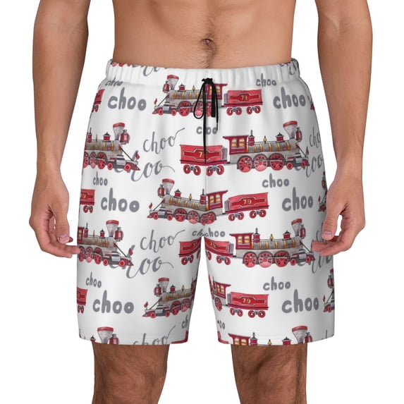 Kdxio Retro Train Print Men's Swim Trunks with Compression Liner 7 Inch Inseam Quick Dry Swim Shorts