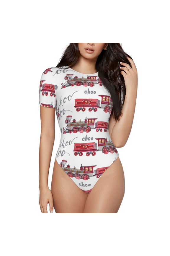 Retro Train for Women's Short-Sleeved Onesie Stylish Round Neck Pajamas Bodysuit Jumpsuit Nightwear-X-Large