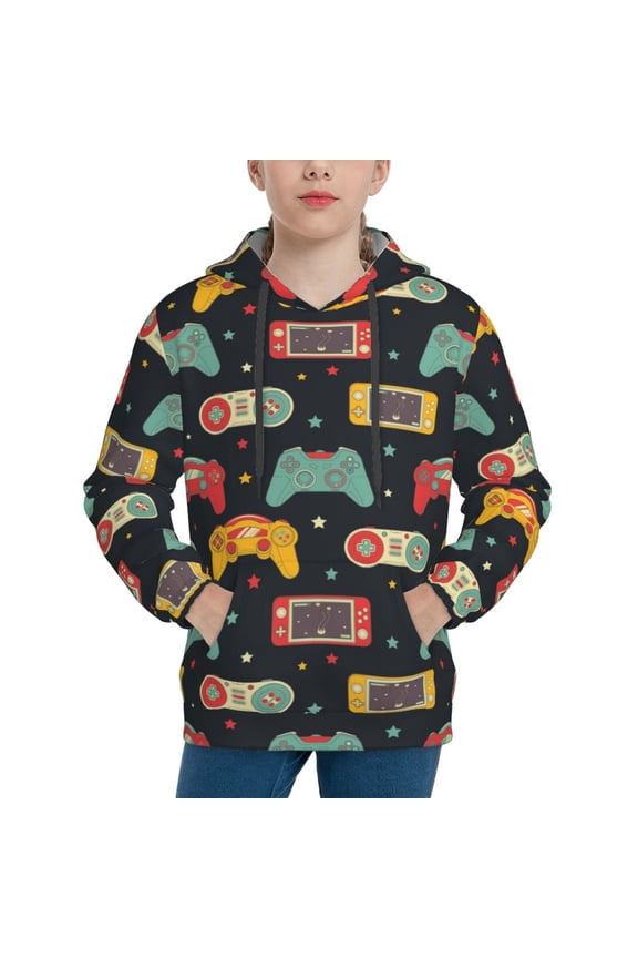 Retro Video Game Pattern Boys Athletic Unisex Boys Girls Hoodie with Pocket Sweatshirts-X-Large