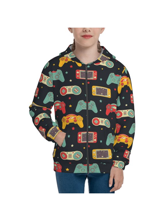Retro Video Game Pattern Kids Boys Girls Zip Up Hoodie 3D Printed Hooded Sweatshirt Hoody Coat with Pocket 7-12 Y-Medium
