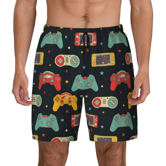 Kdxio Retro Video Game Print Men's Swim Trunks with Compression Liner 7 Inch Inseam Quick Dry Swim Shorts