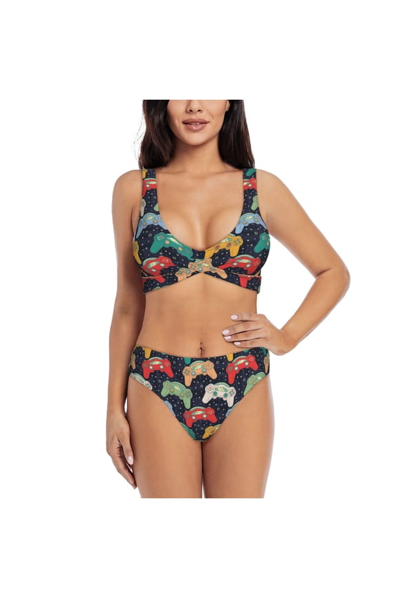 Retro Video Game Print Women's 2 Piece High Waisted Wrap Spaghetti Strap Summer Swimsuit Bikini Set-Medium