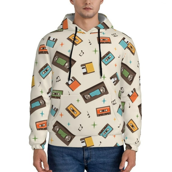 Kdxio Retro Vintage Tape Print Mens Casual Hooded Collar Drawstring Hoodies Pullover Sweatshirts Casual Long Sleeve Shirts-XX-Large