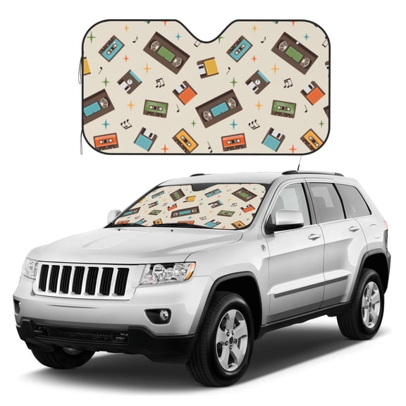 Kdxio Retro Vintage Tape Print Windshield Sun Shade, Foldable Sun Blocker for Car,Truck,SUV Automotive Interior Sun Protection,Reflective Shade for Front Windshield(Medium)