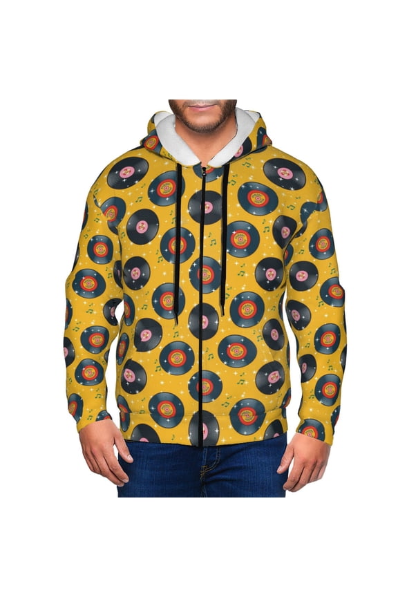 Retro Vinyl Records Print Men Hoodies Casual Hoodies for Men with Zip Pockets Full Zip Long Sleeve Sweatshirt Sports Hooded Jacket-Large