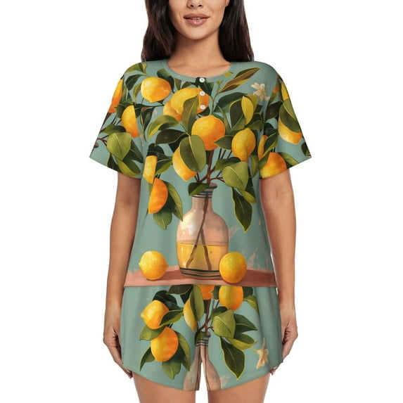 Kdxio Retro Warm Lemon Flower Print Pajamas Sets for Women Short-Sleeved Pjs with Lounge Shorts Two Piece Sleepwear S-4XL