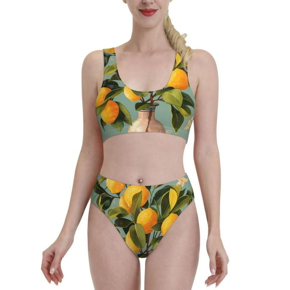 Kdxio Retro Warm Lemon Flower for Womens High Waisted Bikini Top Sports Style Two Piece Bathing Suits