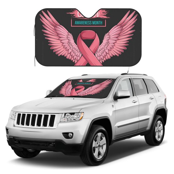 Kdxio Ribbon With Angel Wings Print Windshield Sun Shade, Foldable Sun Blocker for Car,Truck,SUV Automotive Interior Sun Protection,Reflective Shade for Front Windshield(Medium)
