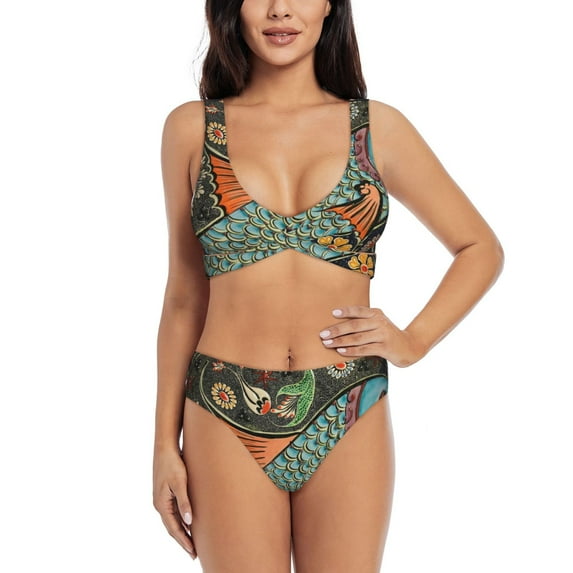 Kdxio Rich Fish Print Women's 2 Piece High Waisted Wrap Spaghetti Strap Summer Swimsuit Bikini Set-Small