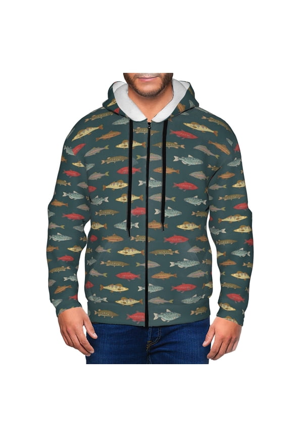 River Freshwater Fish Print Men Hoodies Casual Hoodies for Men with Zip Pockets Full Zip Long Sleeve Sweatshirt Sports Hooded Jacket-X-Large