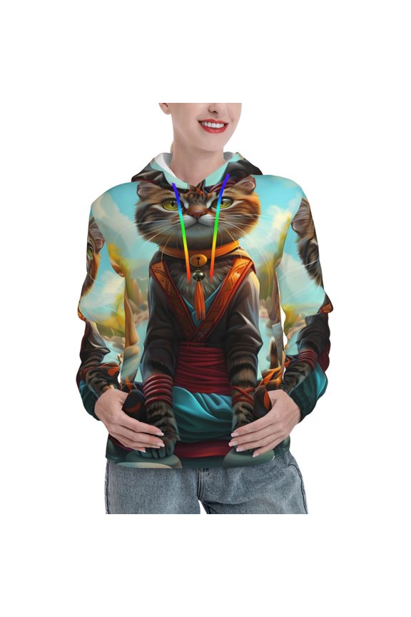 Riverside Meditating Cat Print Womens Oversized Hoodies Sweatshirts Hooded Pullover Tops Sweaters Casual-Small