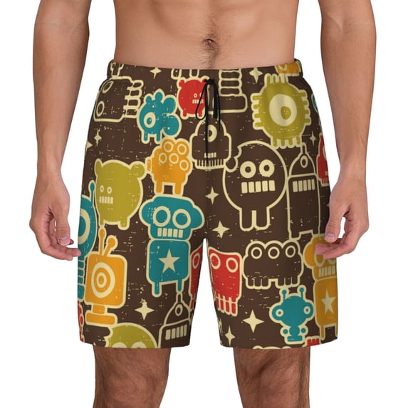 Kdxio Robot And Monsters Print Men'S Swim Trunks With Compression Liner 7 Inch Inseam Quick Dry Swim Shorts