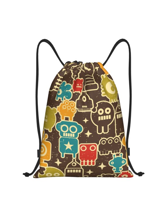 Robot and Monsters Print Drawstring Backpack Bag,Waterproof Draw String Back Sack, Gym Drawstring Bags Swim Bag For Unisex