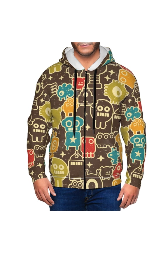 Robot and Monsters Print Men Hoodies Casual Hoodies for Men with Zip Pockets Full Zip Long Sleeve Sweatshirt Sports Hooded Jacket-XX-Large