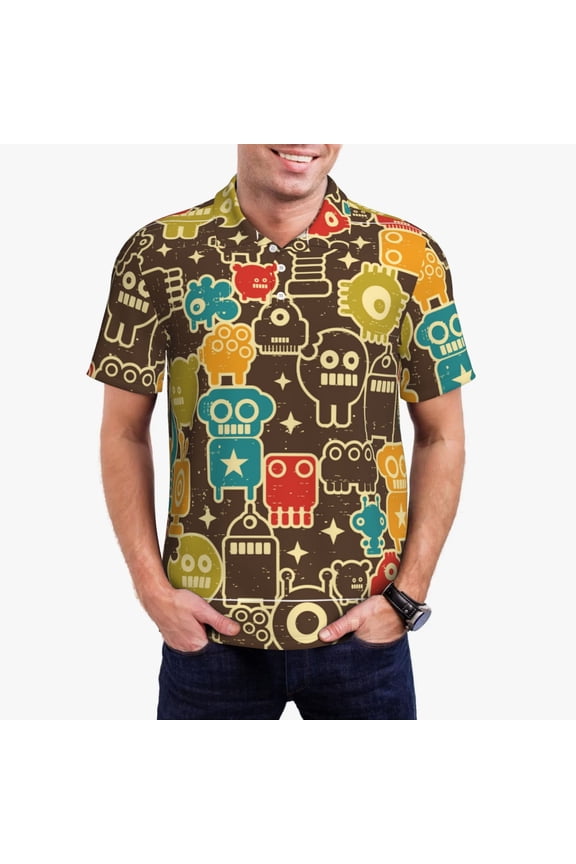 Robot and Monsters Print Men's Short Sleeve Polo Shirt,Midweight Men's Shirt