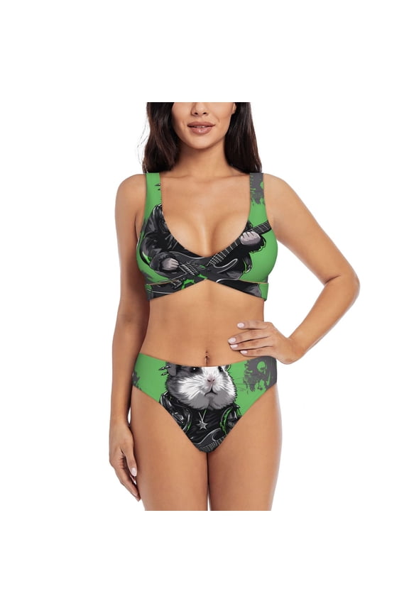 Rock Guitar Guinea Pig Print Women's 2 Piece High Waisted Wrap Spaghetti Strap Summer Swimsuit Bikini Set-Medium