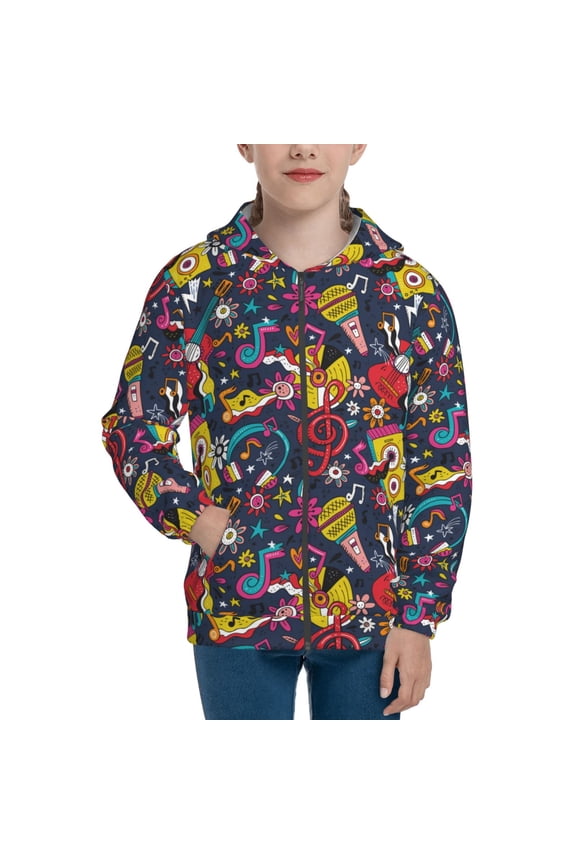 Rock Music Pattern Kids Boys Girls Zip Up Hoodie 3D Printed Hooded Sweatshirt Hoody Coat with Pocket 7-12 Y-Medium