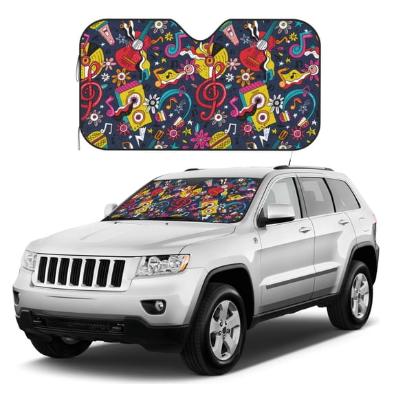 Kdxio Rock Music Print Windshield Sun Shade, Foldable Sun Blocker for Car,Truck,SUV Automotive Interior Sun Protection,Reflective Shade for Front Windshield(Medium)