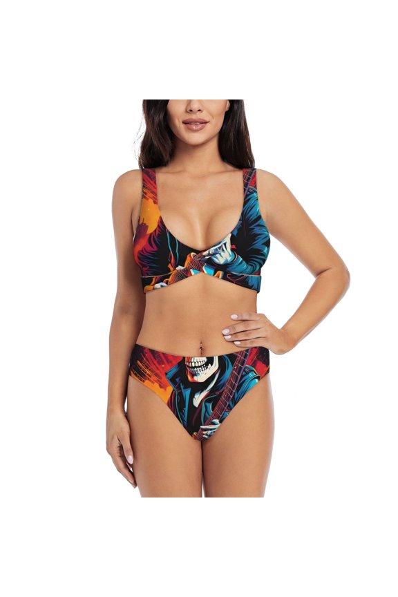 Rock Skull Singer Print Women's 2 Piece High Waisted Wrap Spaghetti Strap Summer Swimsuit Bikini Set-Medium