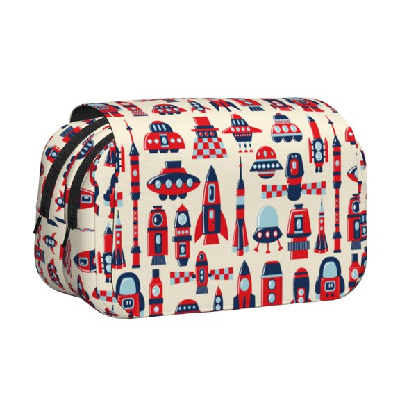Kdxio Rocket Pattern for Double Compartment Pen Case Oxford Organizer with Zipper Pockets for Students Artists