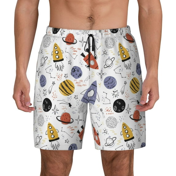 Kdxio Rocket Planets Print Men'S Swim Trunks With Compression Liner 7 Inch Inseam Quick Dry Swim Shorts