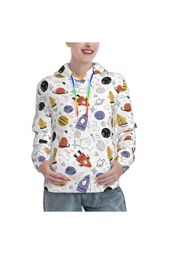 Rocket Planets Print Womens Oversized Hoodies Sweatshirts Hooded Pullover Tops Sweaters Casual-Small