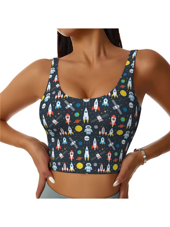 Rocket Space Print Workout Crop Tank Top for Women Racerback Yoga Tank Tops Athletic Sports Shirts Exercise Undershirts