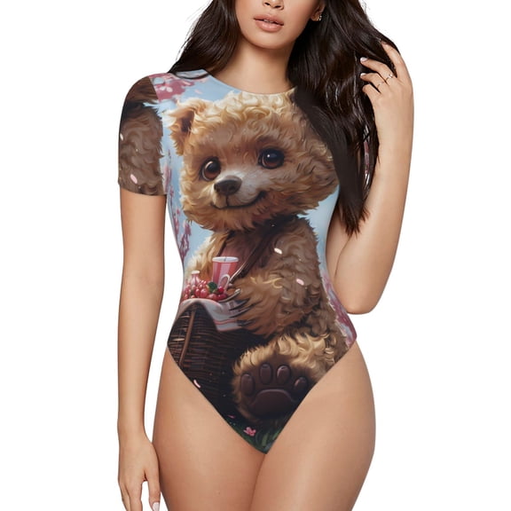 Kdxio Romantic Floral Bear for Women's Short-Sleeved Onesie Stylish Round Neck Pajamas Bodysuit Jumpsuit Nightwear-Small