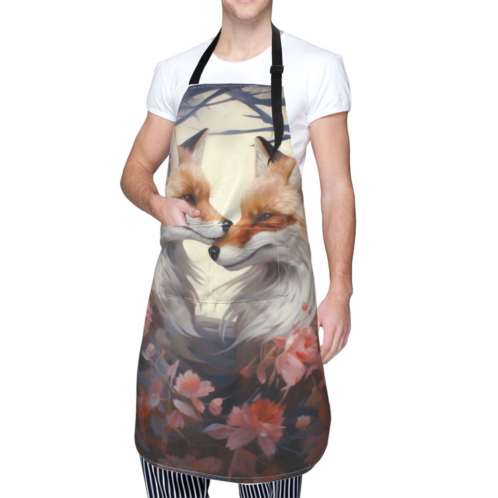 Kdxio Romantic Flower Fox Apron with Pockets Adjustable Kitchen Aprons for Men Women Waterproof Aprons for Cooking,Drawing,Crafting, Baking Household Cleaning