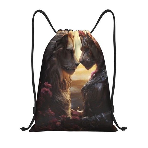 Kdxio Romantic Flower Lion Couple Print Drawstring Backpack Bag,Waterproof Draw String Back Sack, Gym Drawstring Bags Swim Bag For Unisex