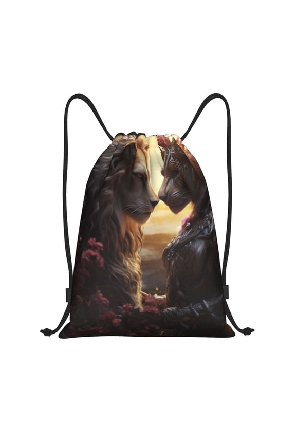 Romantic Flower Lion Couple Print Drawstring Backpack Bag,Waterproof Draw String Back Sack, Gym Drawstring Bags Swim Bag For Unisex