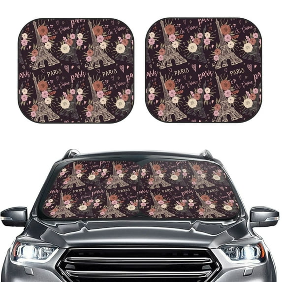 Kdxio Romantic Paris Print 2-Piece Sun Shade Front Windshield - Foldable Car Front Window Sunshades for Most Sedans SUV Truck
