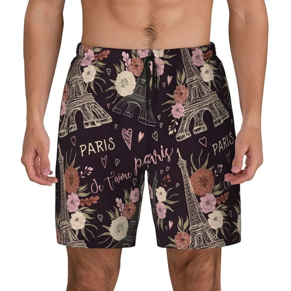 Kdxio Romantic Paris Print Men's Swim Trunks with Compression Liner 7 Inch Inseam Quick Dry Swim Shorts