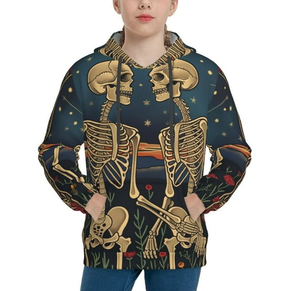 Kdxio Romantic Skeletons Under Moon Pattern Boys Athletic Unisex Boys Girls Hoodie with Pocket Sweatshirts-Medium