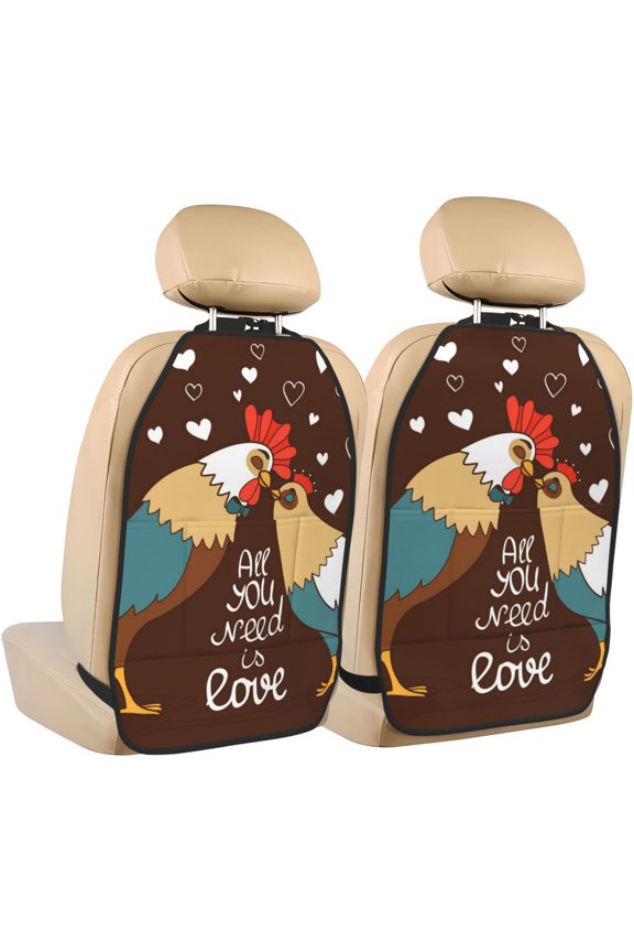 Rooster And Chicken Print 2 Pack Car Kick Mat Seat Cover Back Protector Mat with Pockets for Organizer Backseat Protector and Storage Anti Kick Pad for Vehicles